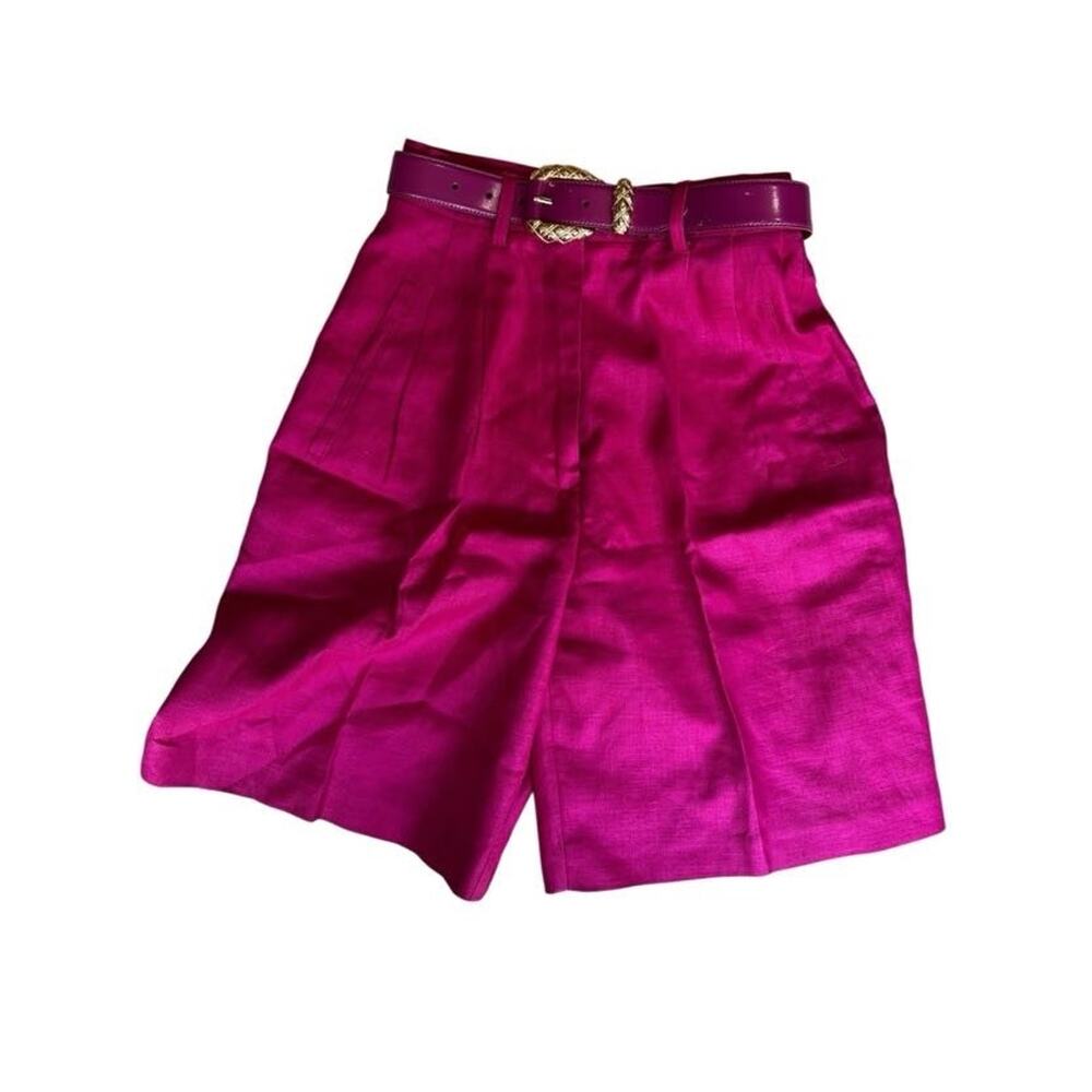 Point of View High Rise Preppy Pleated 100% Linen Bermuda Short Fuchsia Size 4